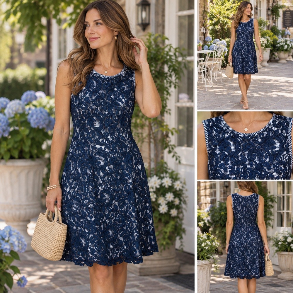 SL Fashions Navy Blue Floral Lace Gingham Sheath Dress Womens 12 Sleeveless